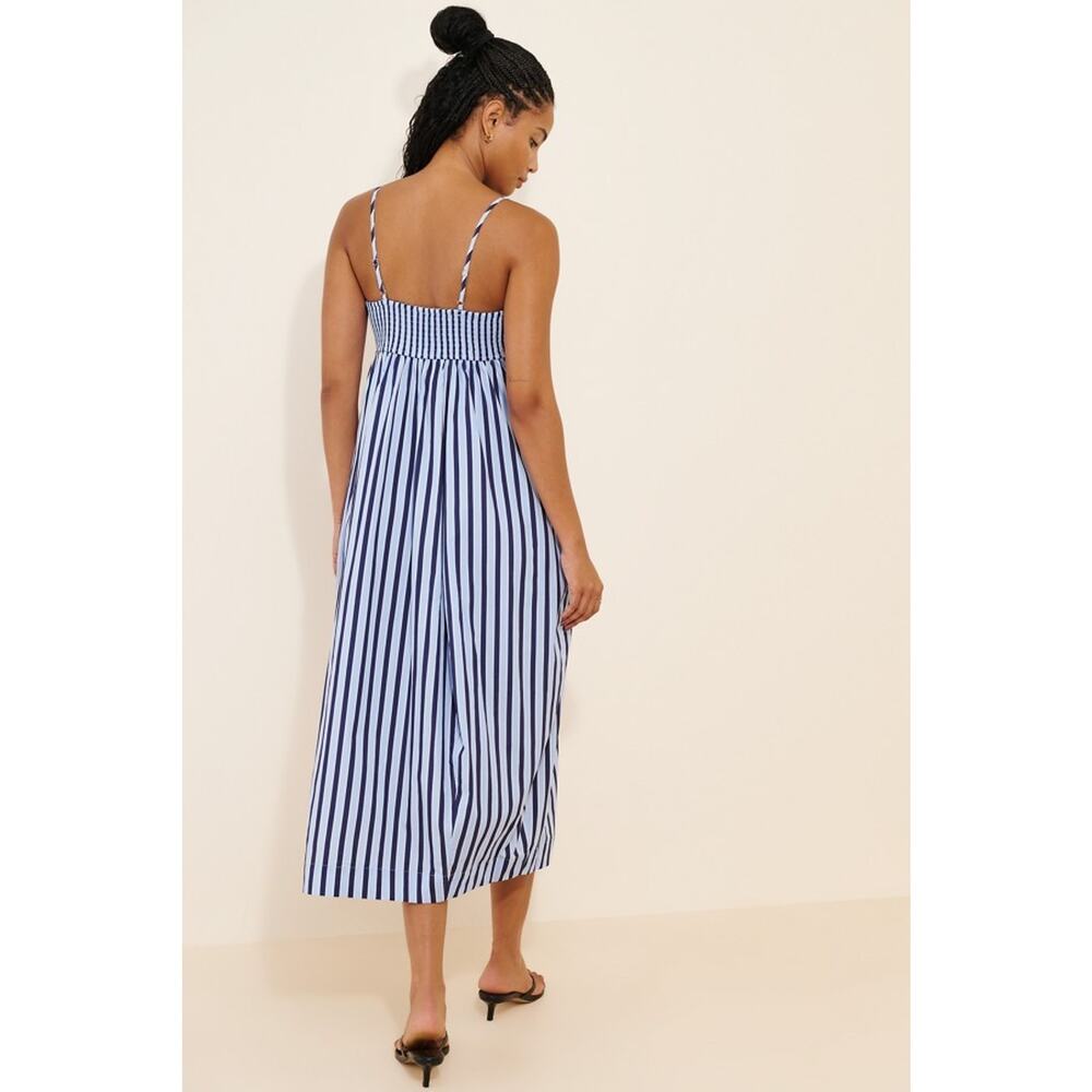 Anthropologie By Maeve Cotton Barrel Midi Dress Blue Stripe Size Medium - Picture 2 of 7